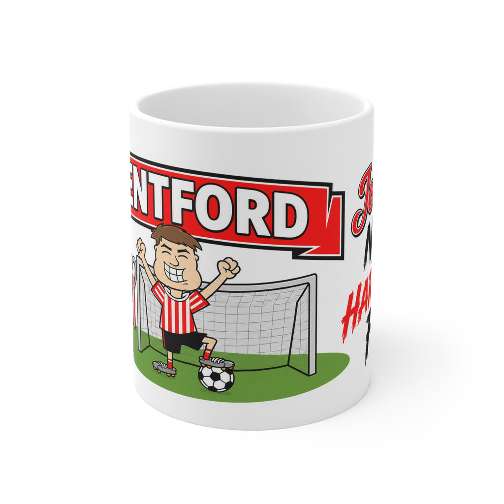 Personalised Brentford Football Club Mug — Cartoon Player & Trophy 11oz