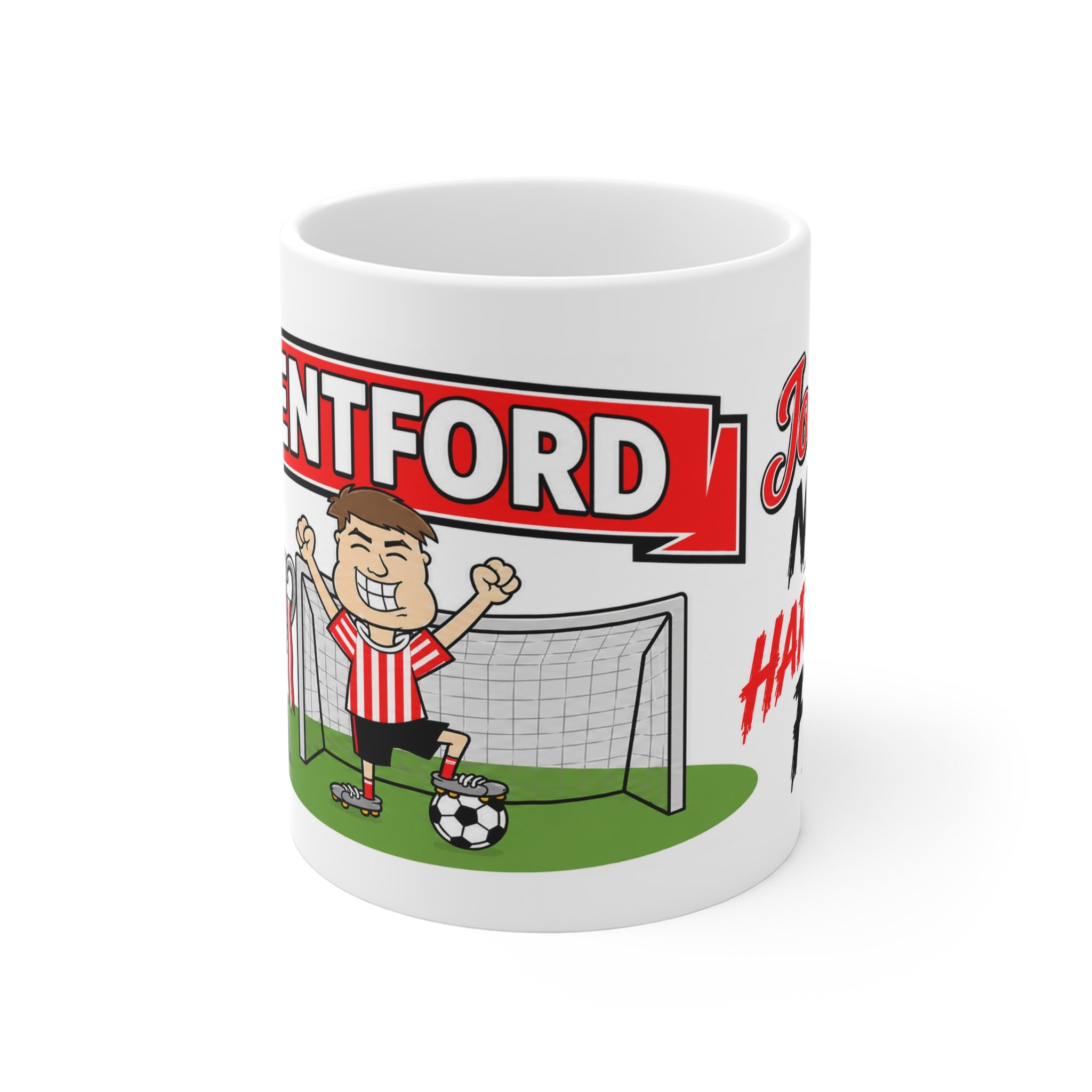 Personalised Brentford Football Club Mug — Cartoon Player & Trophy 11oz