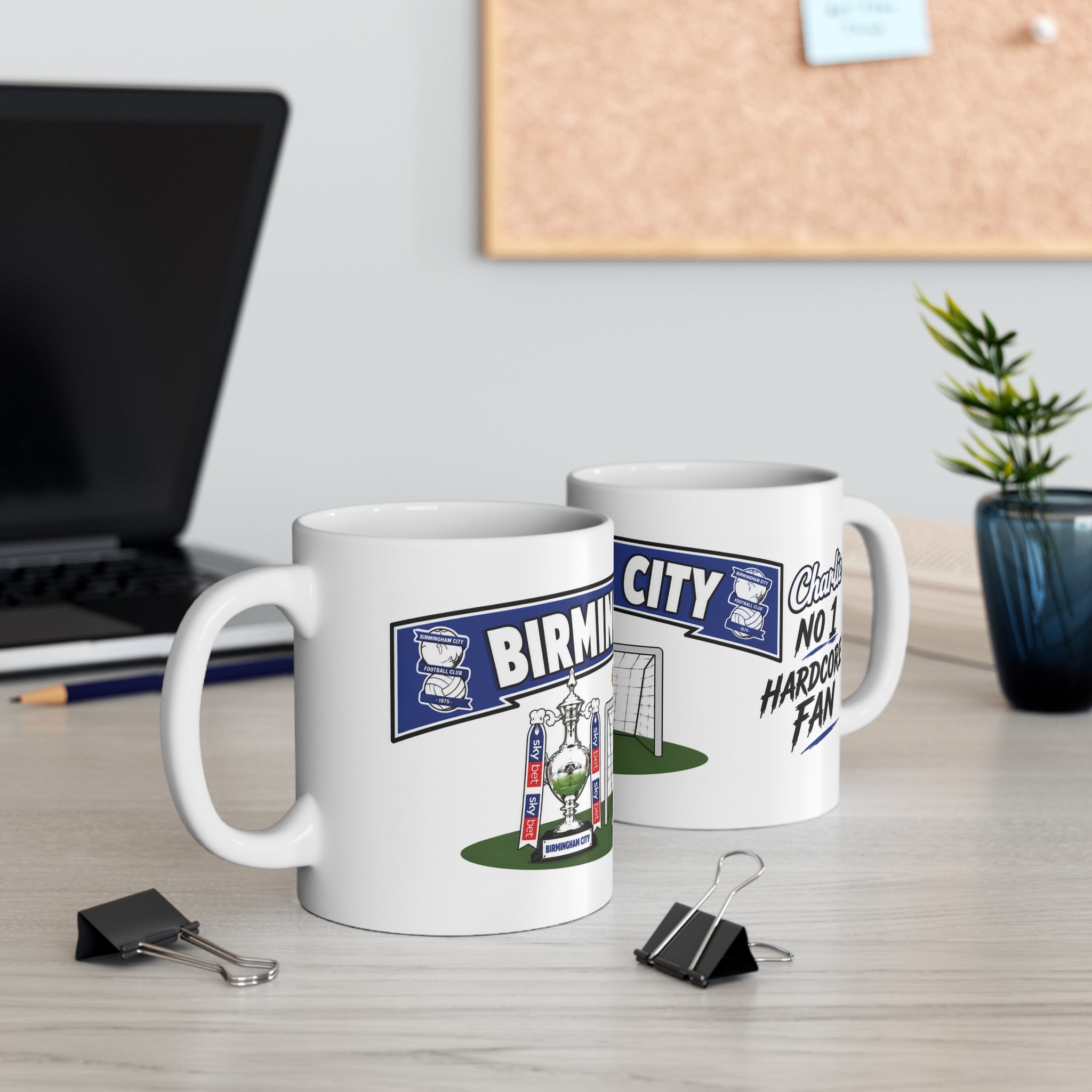 Personalised Birmingham City Football Club Mug — Cartoon Player & Trophy 11oz