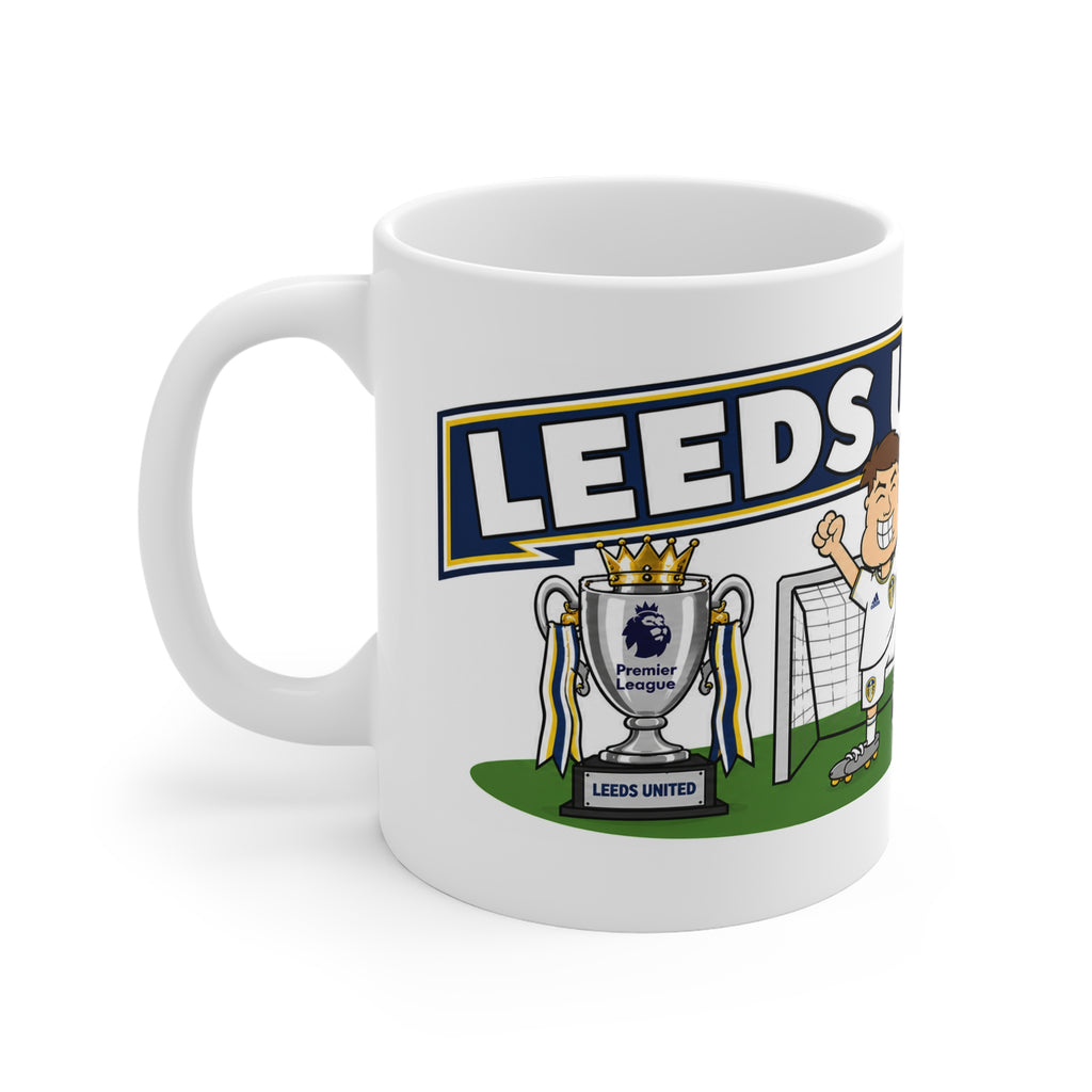 Personalised Leeds United Football Club Mug — Cartoon Player & Trophy 11oz