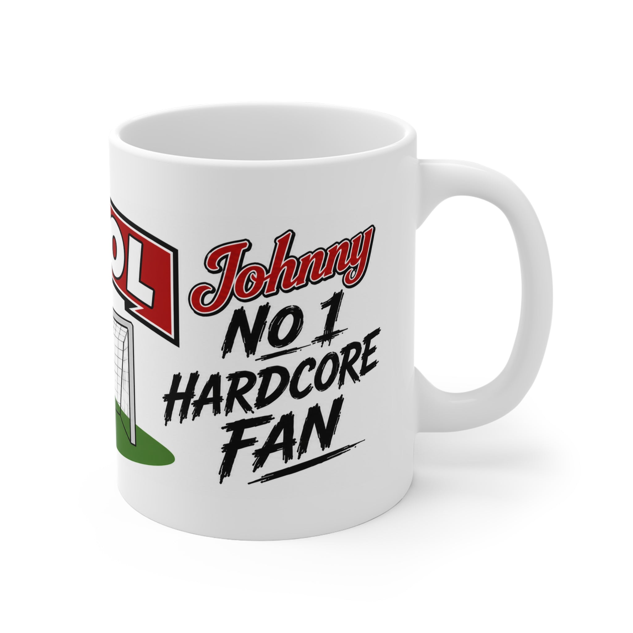 Personalised Liverpool Football Club Mug — Cartoon Player & Trophy 11oz