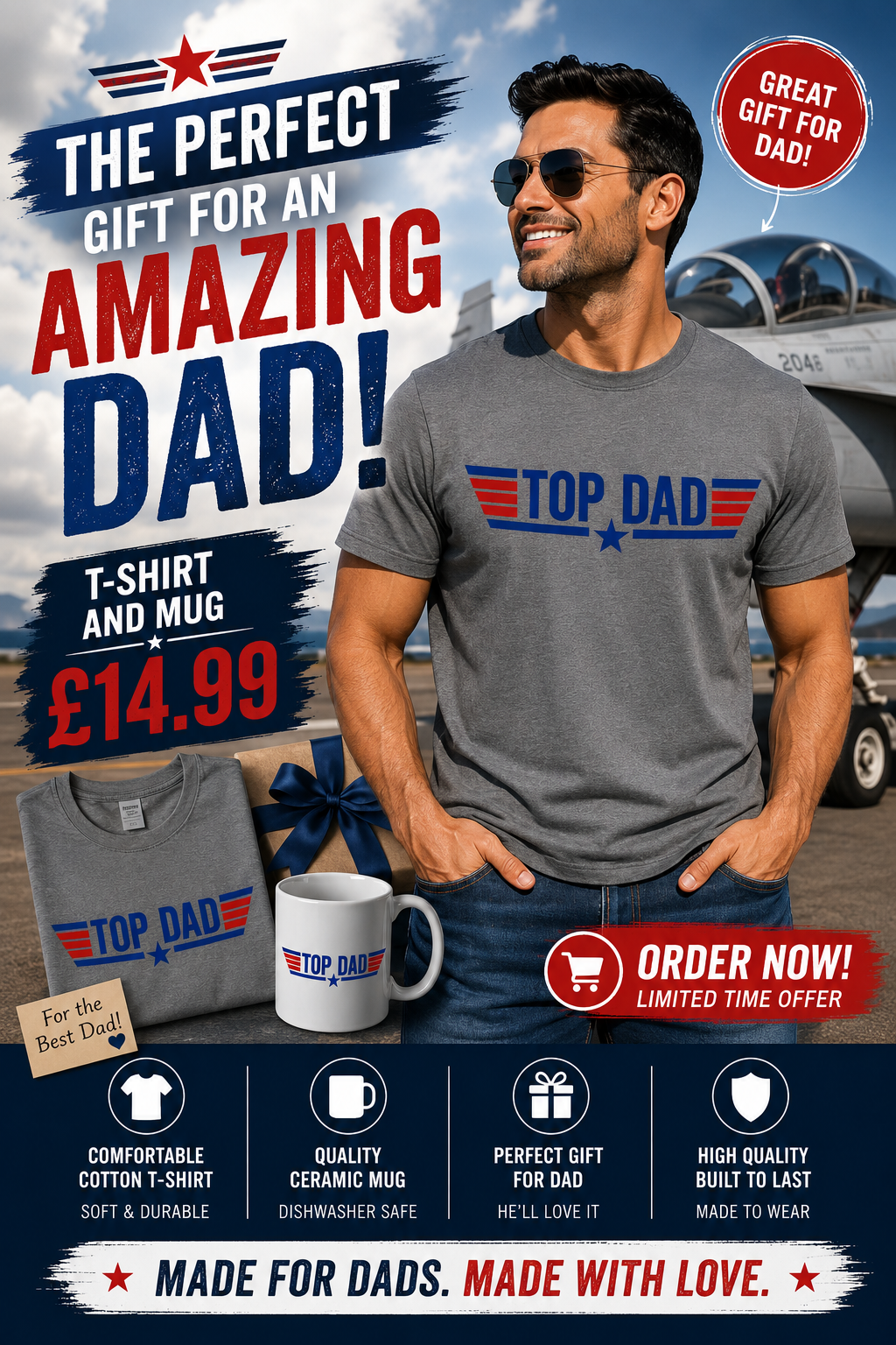 Top Dad T-Shirt and Mug Set Top Gun 80's Themed Gift Set