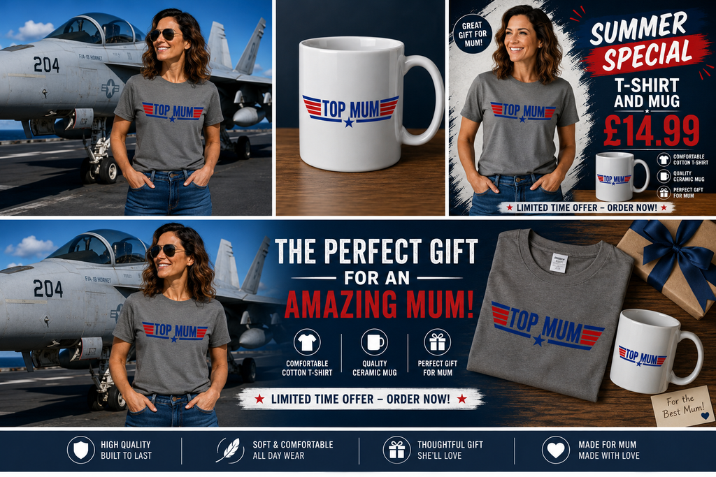 Top Mum T-Shirt and Mug Set Top Gun 80's Themed Gift Set (Copy)