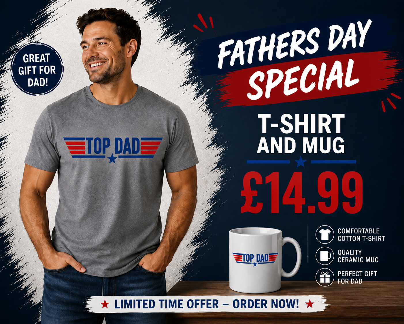 Top Dad T-Shirt and Mug Set Top Gun 80's Themed Gift Set