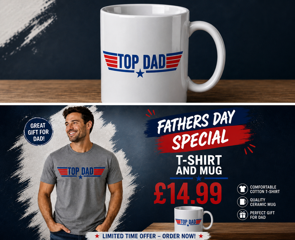 Top Dad T-Shirt and Mug Set Top Gun 80's Themed Gift Set