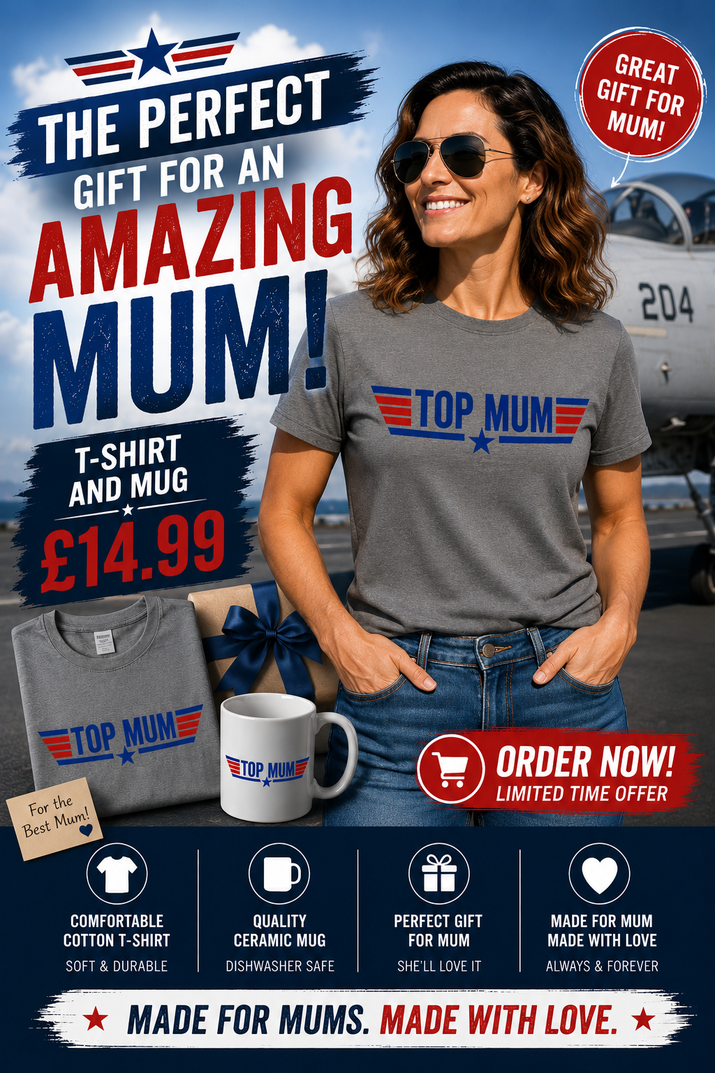 Top Mum T-Shirt and Mug Set Top Gun 80's Themed Gift Set (Copy)